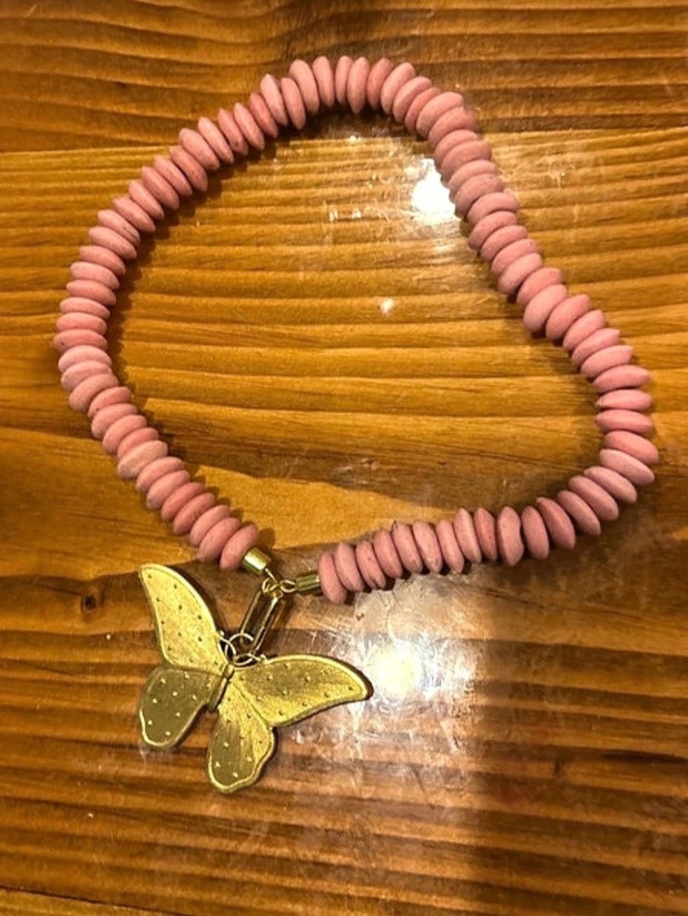 Pink Beaded Butterfly Necklace Like New